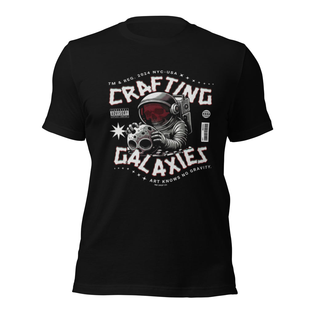 Black unisex T-shirt with astronaut space graphic print on front