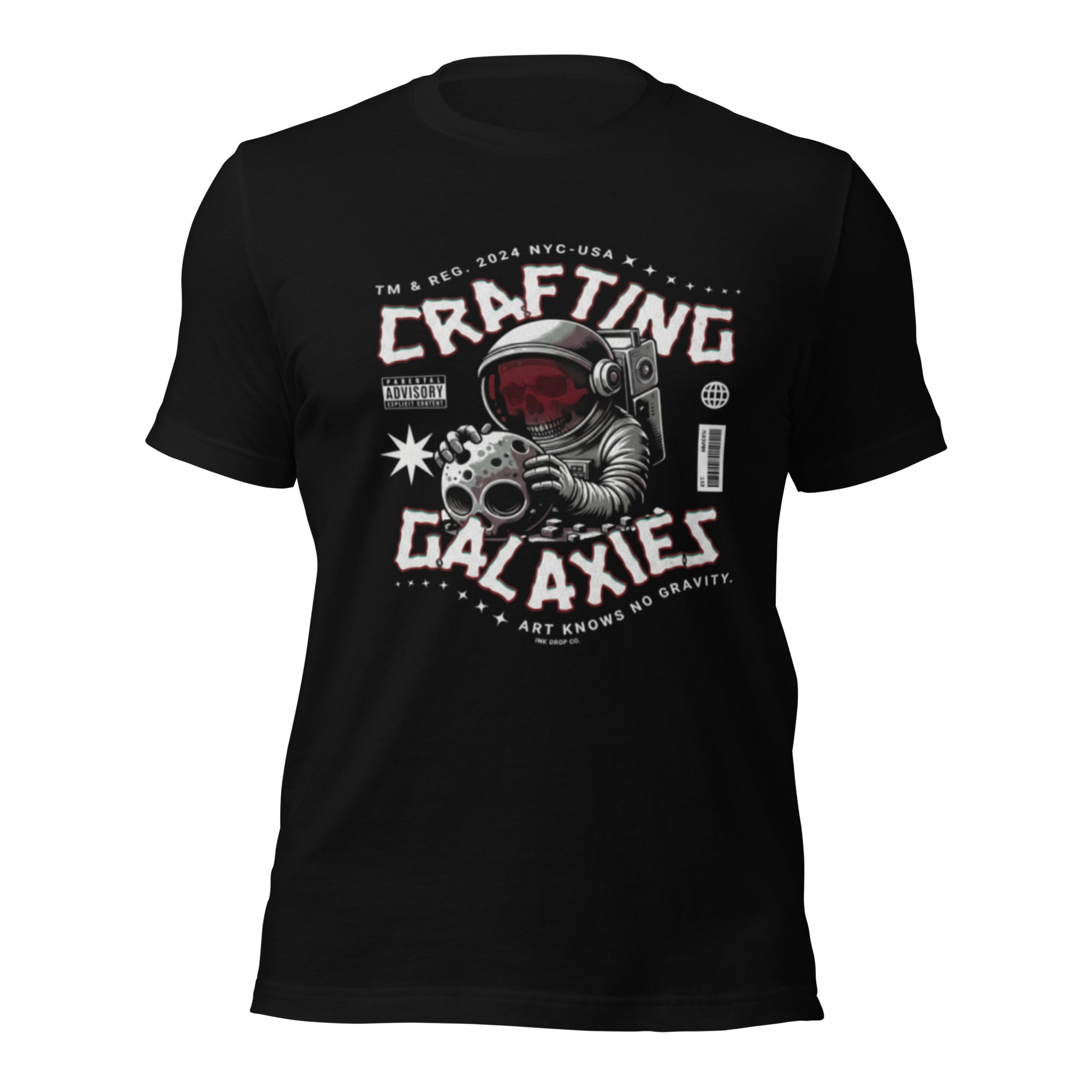 Black unisex T-shirt with astronaut space graphic print on front