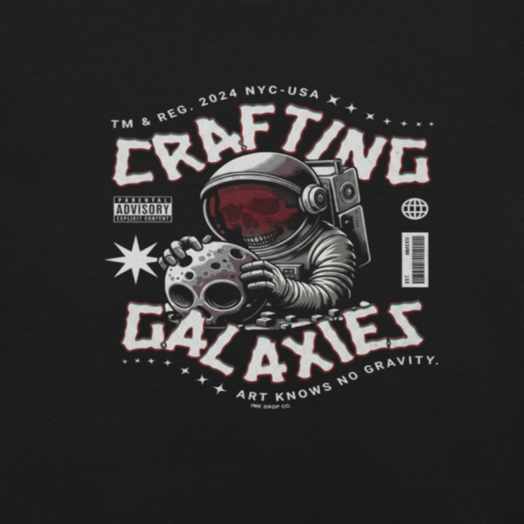 Black graphic T-shirt with astronaut and galaxy logo print