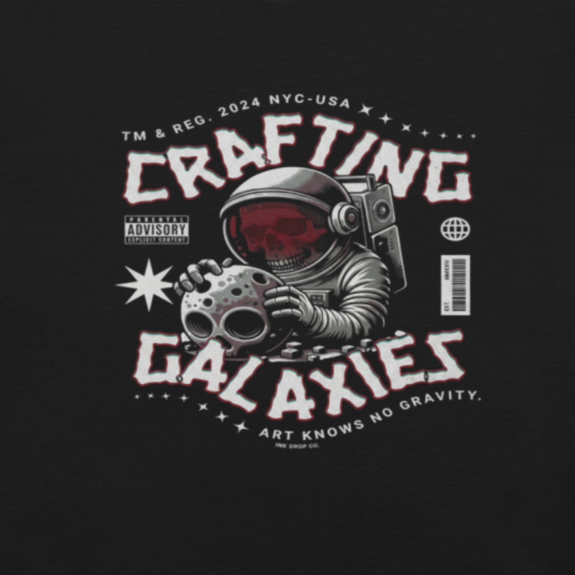 Black graphic T-shirt with astronaut and galaxy logo print