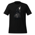 Men's black graphic t-shirt with wolf howling over city skyline and light drips.