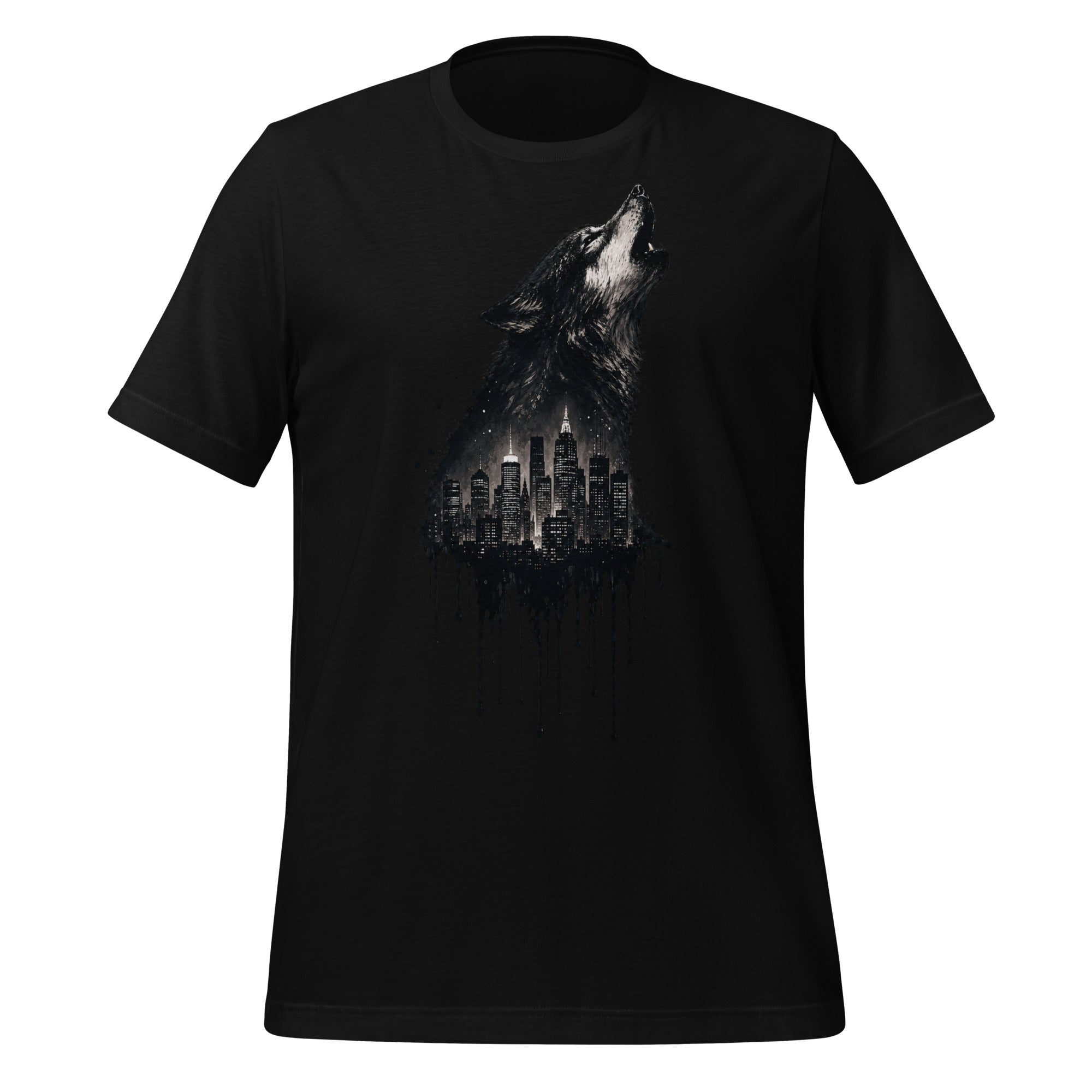 Men's black graphic t-shirt with wolf howling over city skyline and light drips.