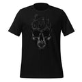 Black men's graphic T-shirt with skull and city skyline front print