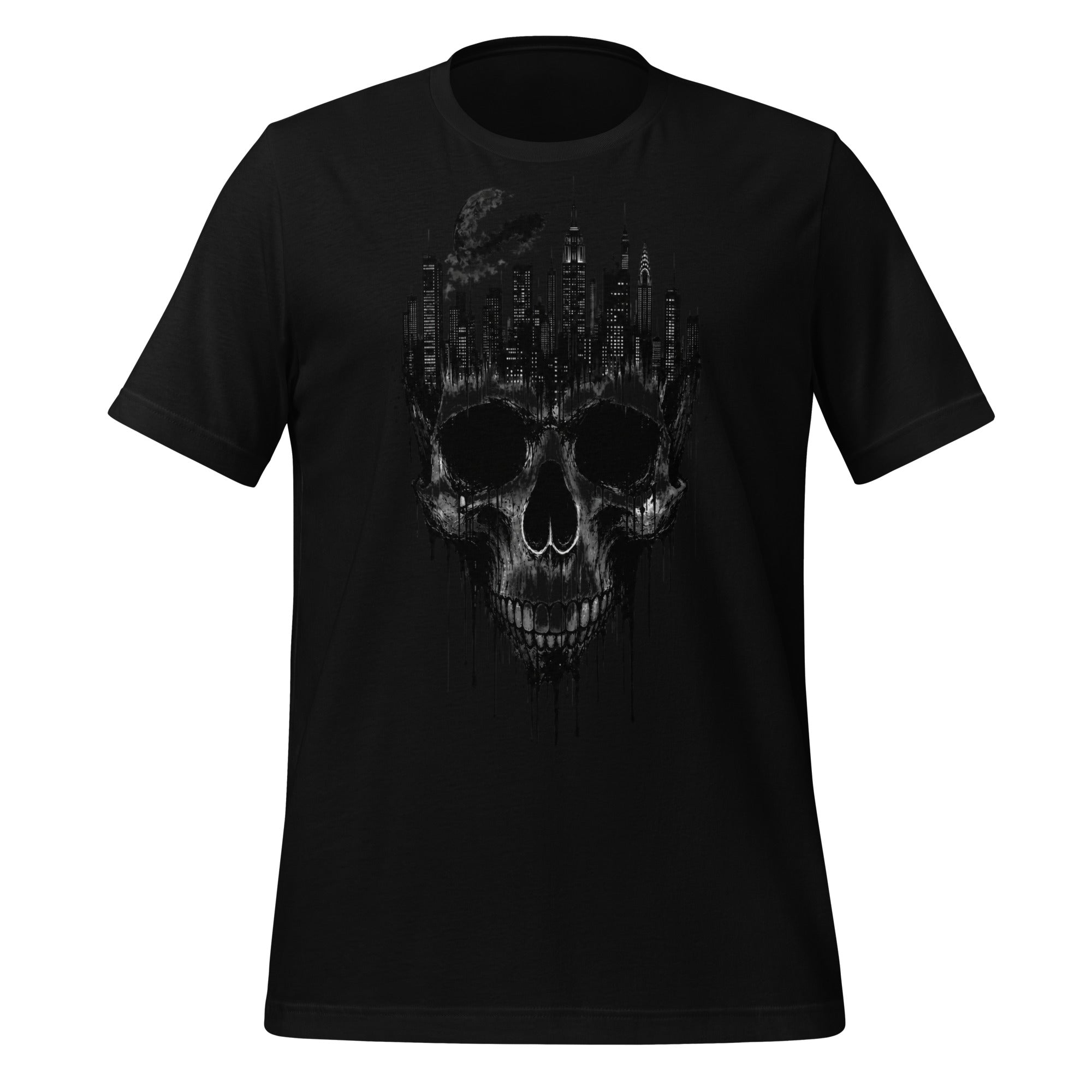 Black men's graphic T-shirt with skull and city skyline front print
