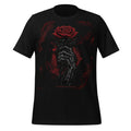 Men's graphic T-shirt, black with red rose and dark armored figure print