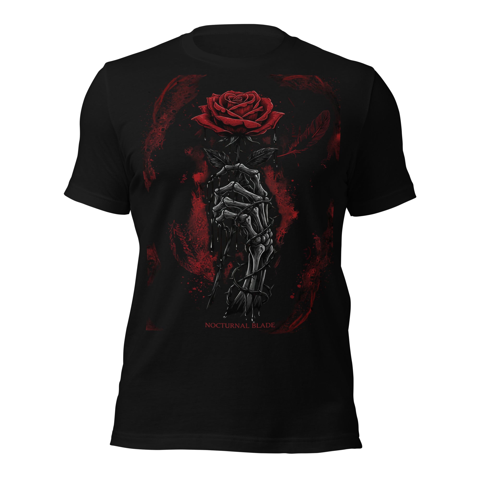 Black women’s graphic T-shirt, front print with rose and armored skeleton figure