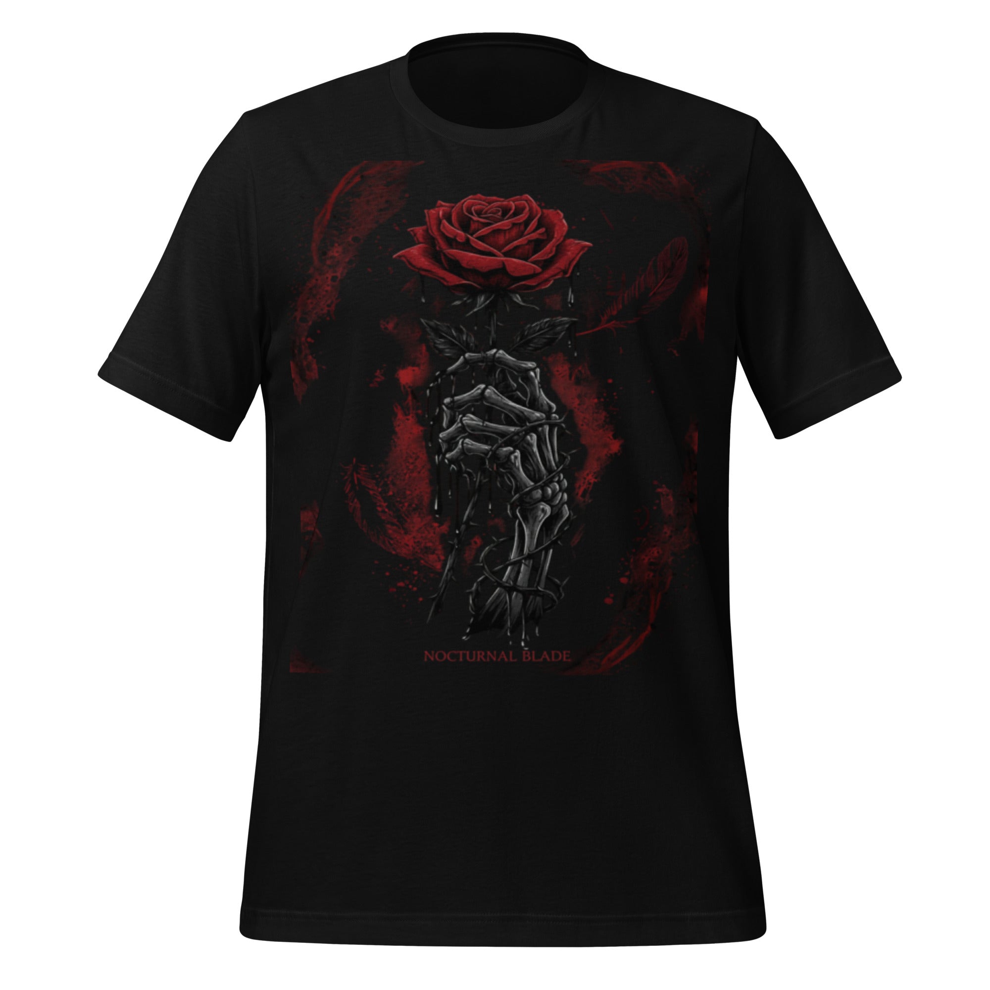 Unisex graphic T-shirt in black with red rose and dark figure print, short sleeves