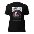 Black graphic T-shirt, crew neck, centered ATTENTION eye graphic print