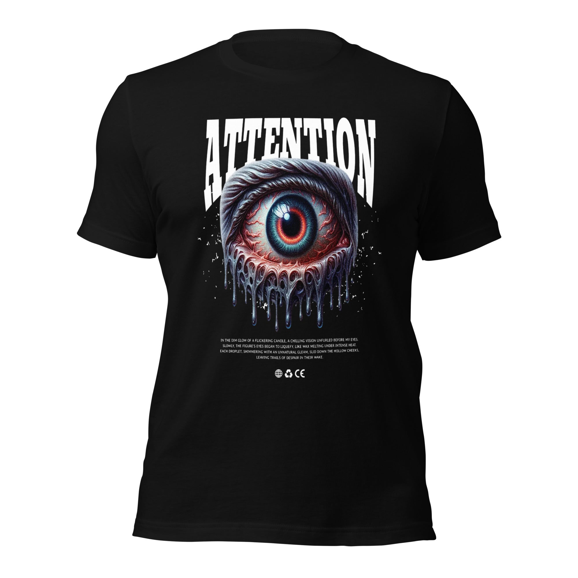 Black graphic T-shirt, crew neck, centered ATTENTION eye graphic print