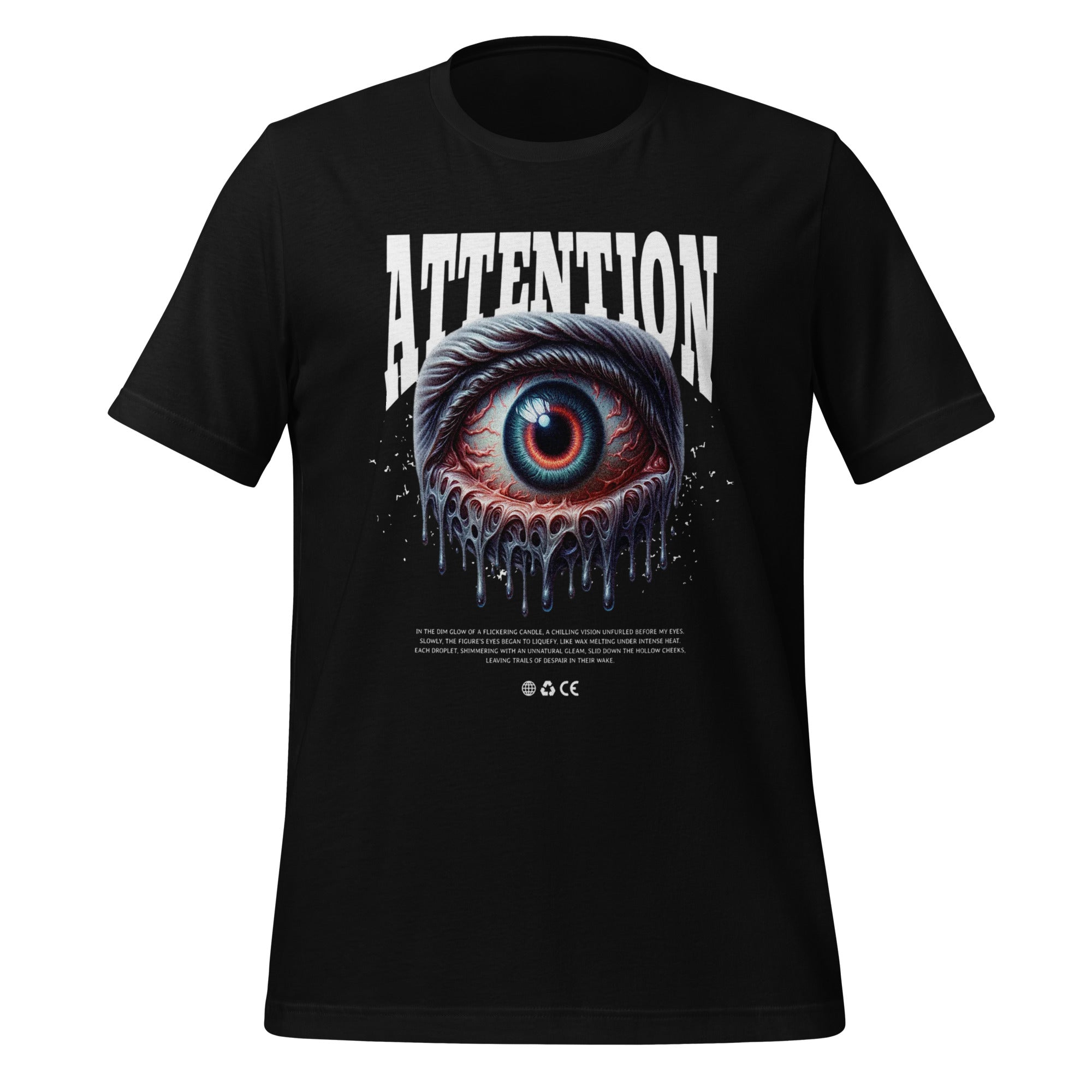 Black graphic T-shirt with large ATTENTION headline and dripping eye illustration