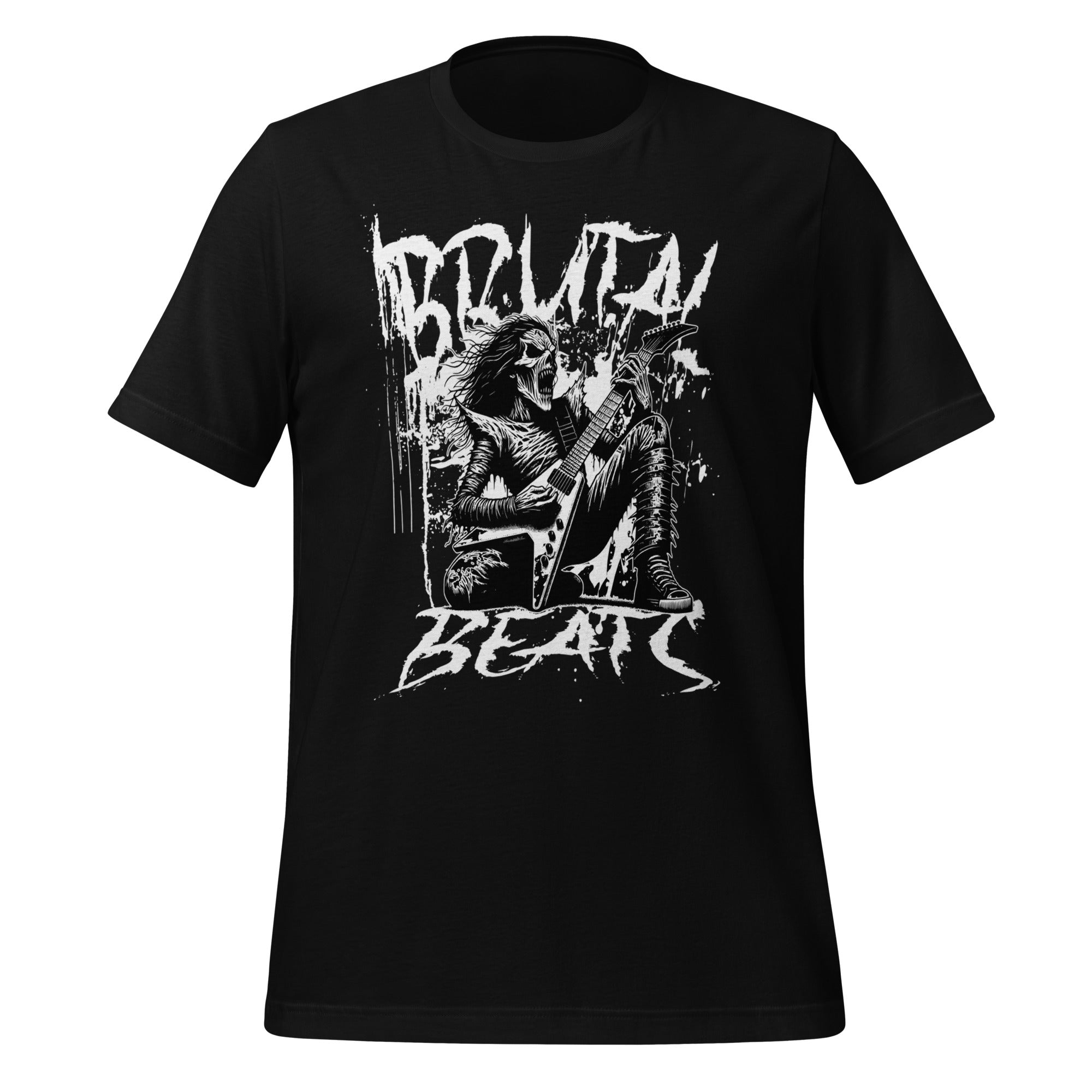 Black unisex graphic t-shirt, front skull-and-guitar illustration print