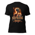 Black unisex T-shirt with flaming skull and 'Burning Hope' graphic front print