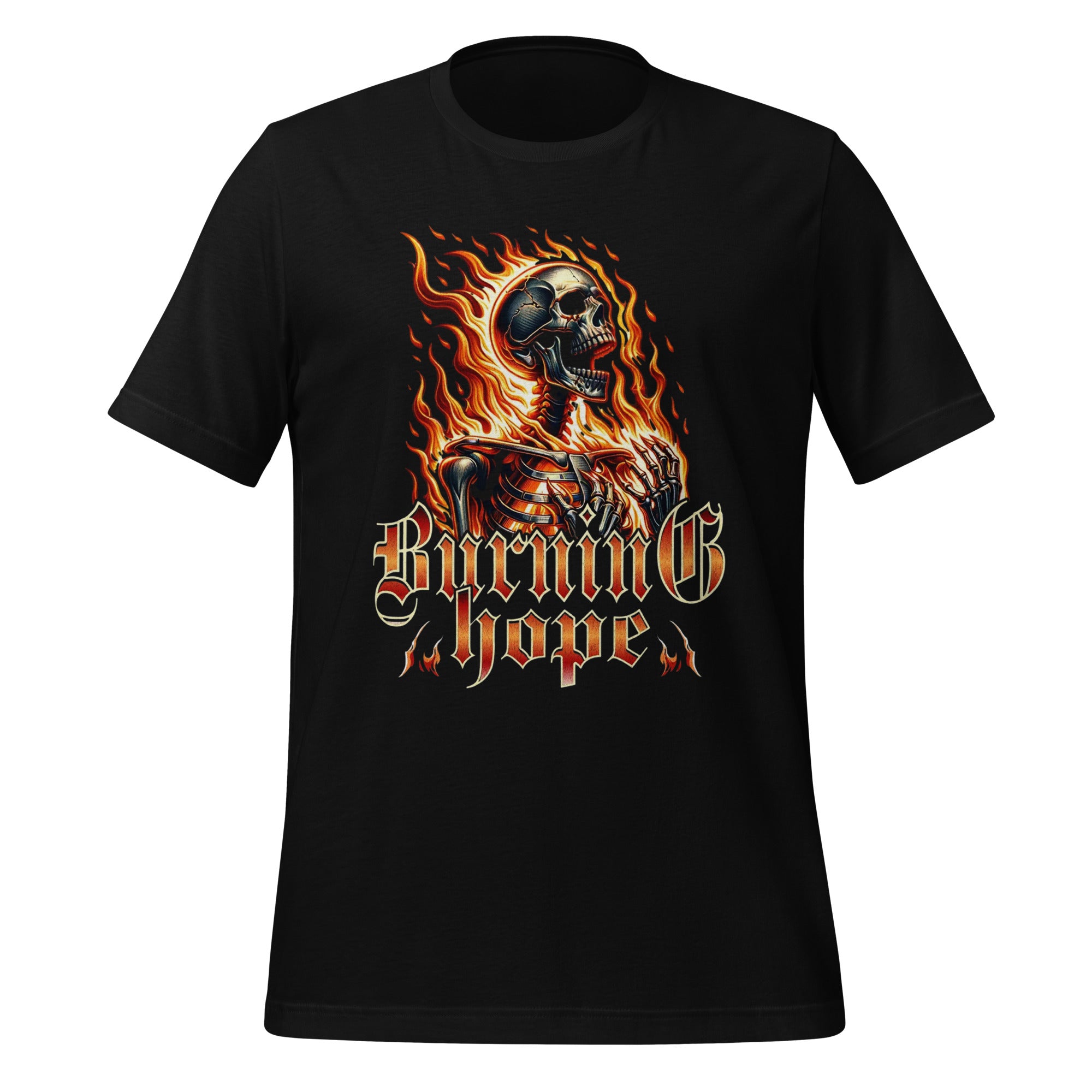 Black unisex graphic T-shirt with flaming skull and 'Burning Hope' front design
