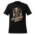 Black men's graphic t-shirt with skull helmet and 'Burning Rebel' front print