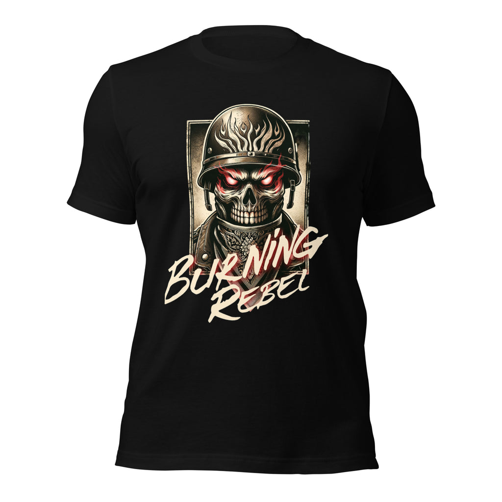 Black unisex graphic T-shirt with front skull helmet and Burning Rebel text