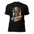 Black unisex graphic T-shirt with front skull helmet and Burning Rebel text