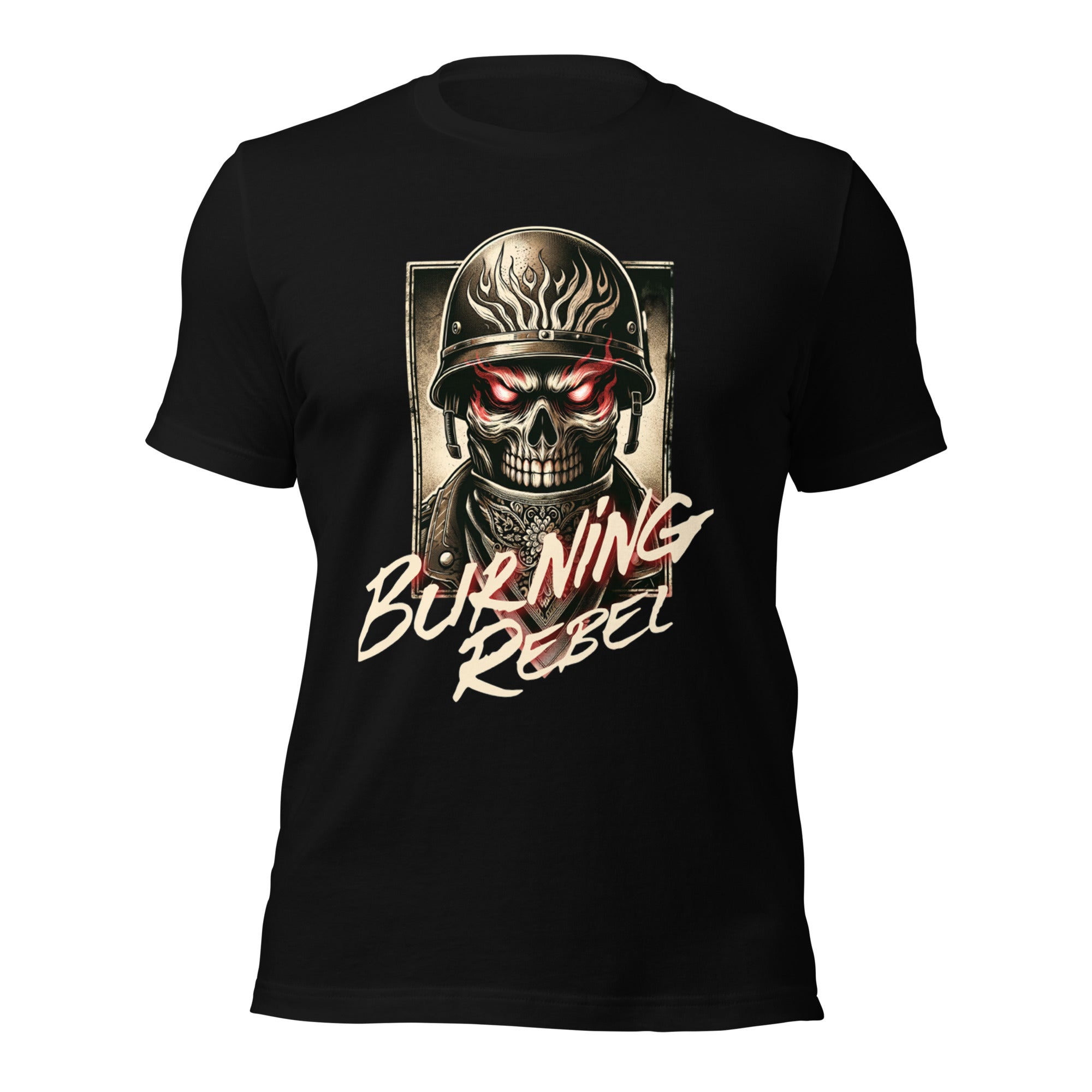 Black unisex graphic T-shirt with front skull helmet and Burning Rebel text