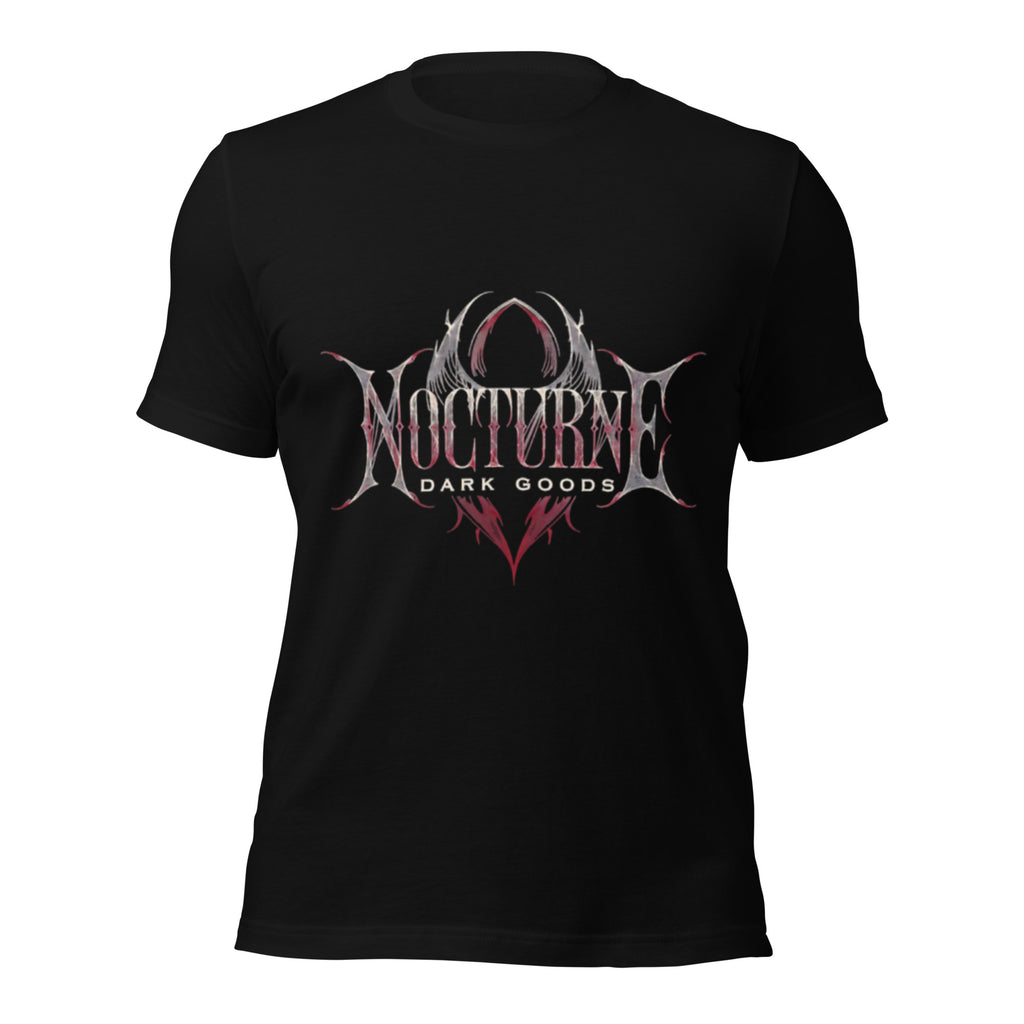 Black unisex graphic T-shirt with large front occult eye logo in pink and gray