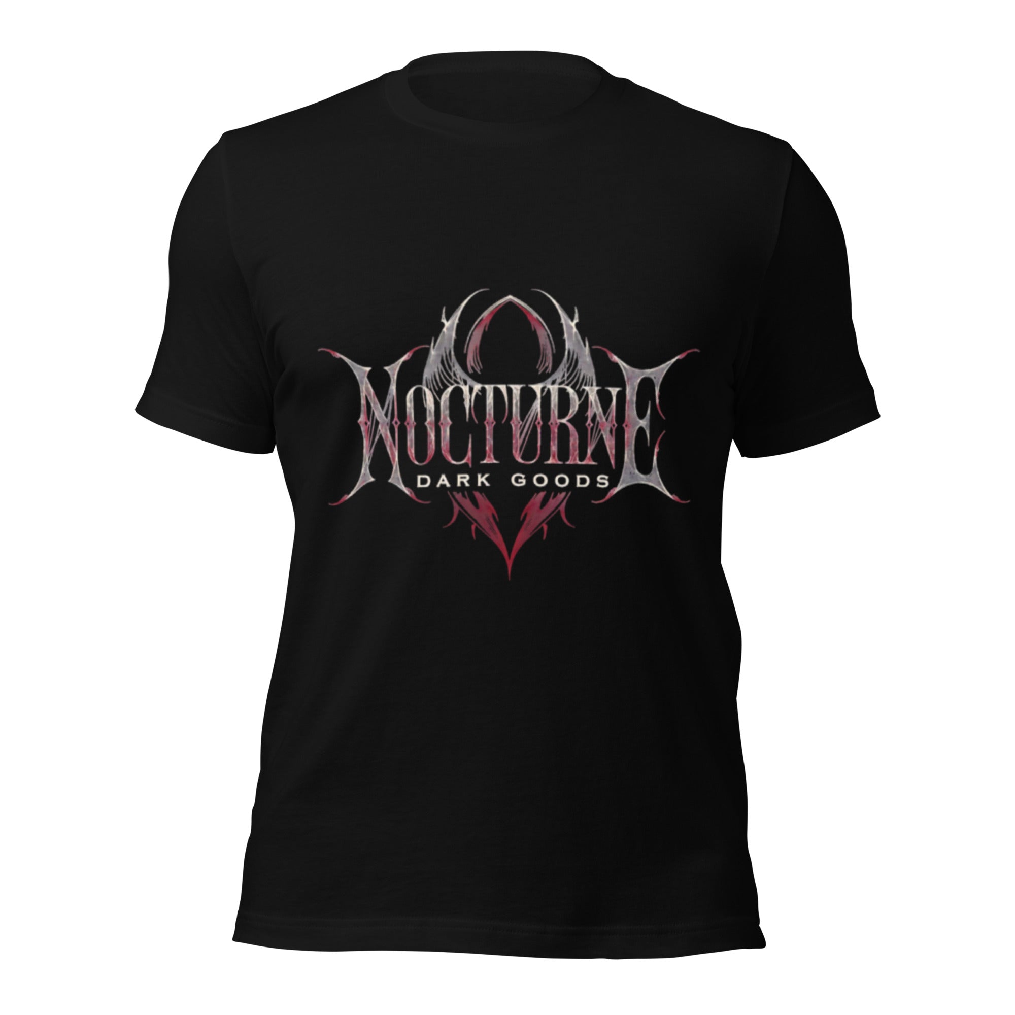 Black unisex graphic T-shirt with large front occult eye logo in pink and gray