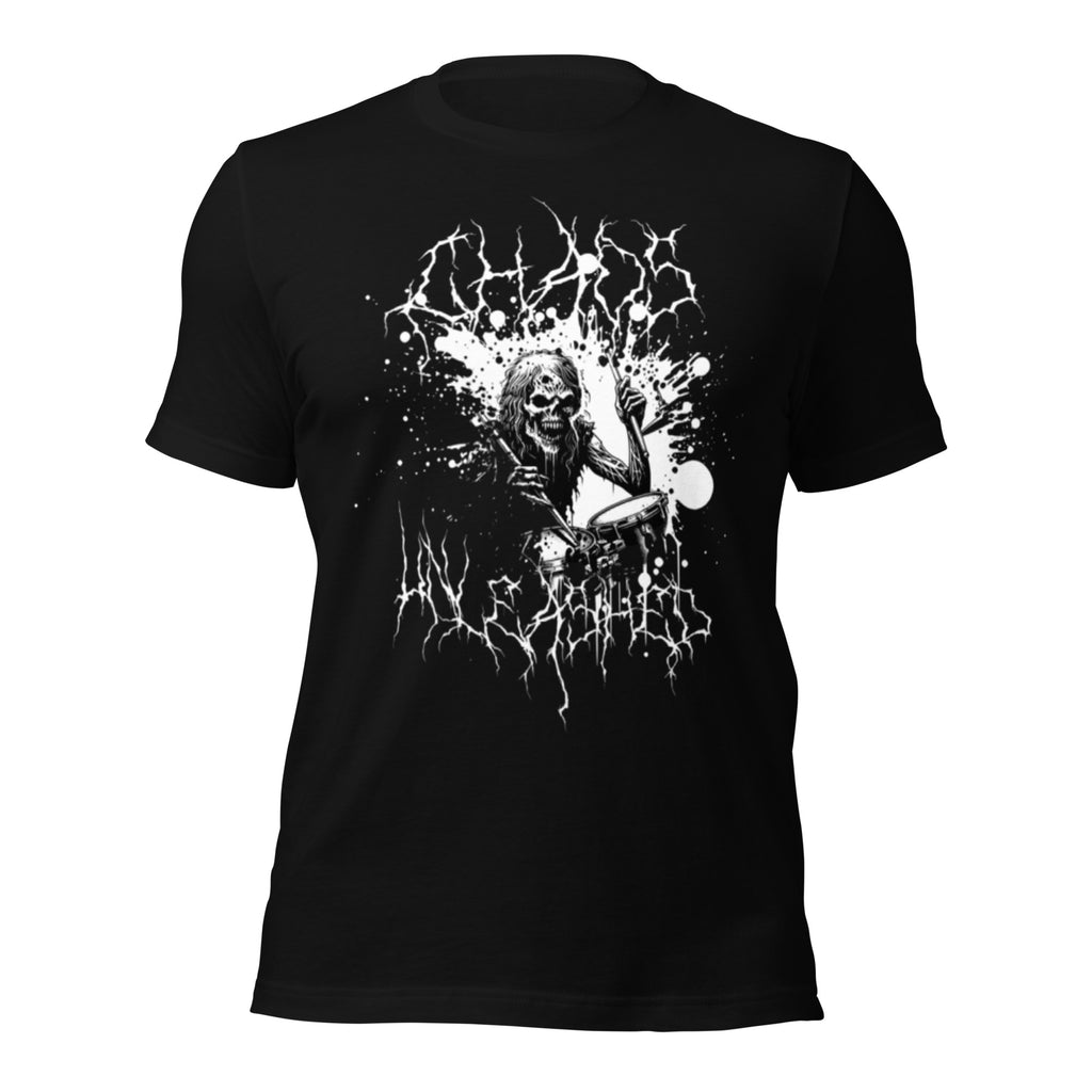 Unisex black graphic T-shirt with skull drummer splash print on chest.