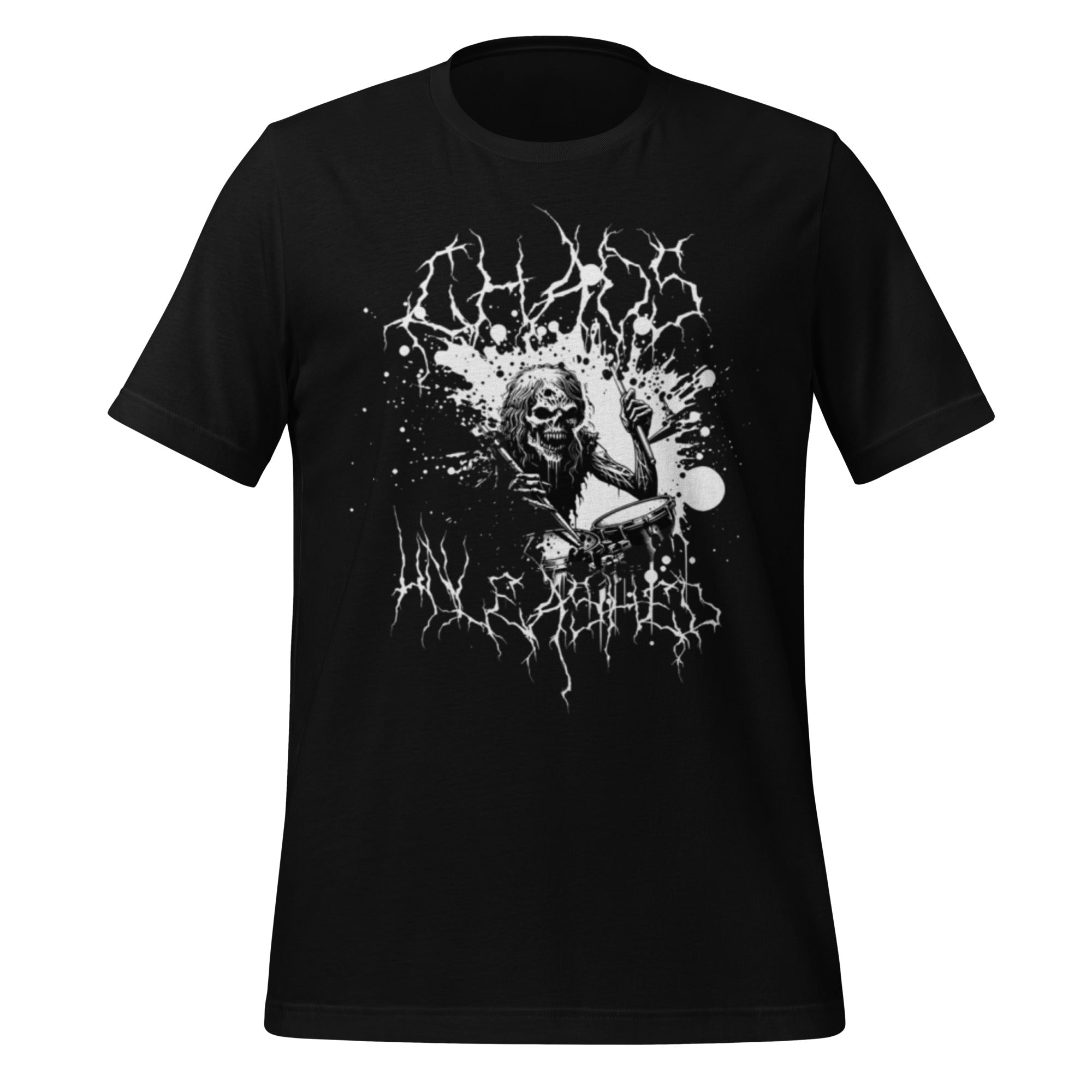 Unisex black graphic T-shirt with skull drummer splash print centered on chest.
