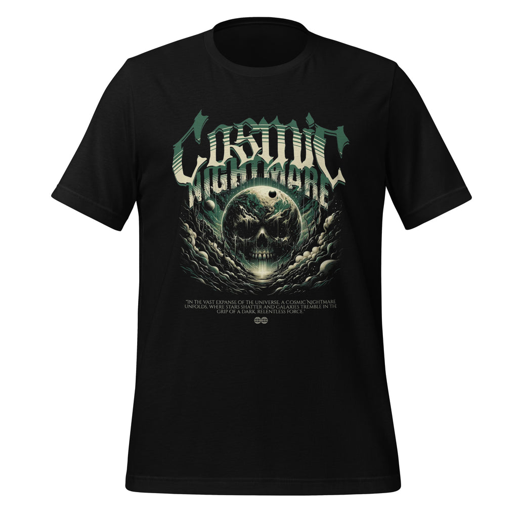 Men's black graphic t-shirt with green cosmic skull logo on front