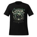 Men's black graphic t-shirt with green cosmic skull logo on front