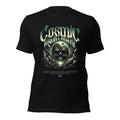 Women's black graphic T-shirt, front print with skull and green-blue wings