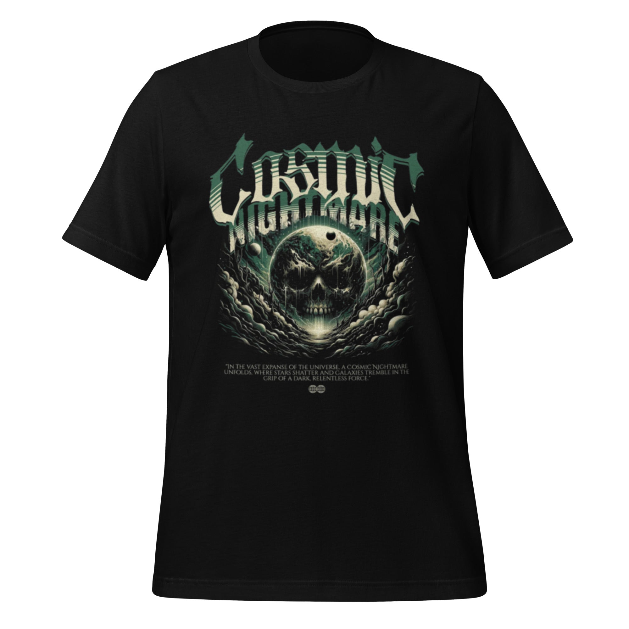Unisex black graphic T-shirt with skull moon front print and small text line