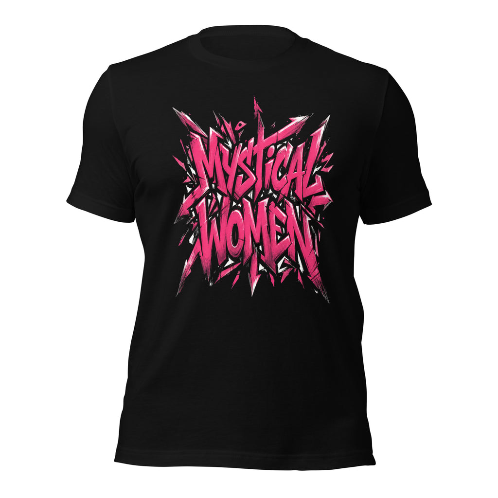 Black unisex T-shirt front view with pink 'Mystical Women' graphic
