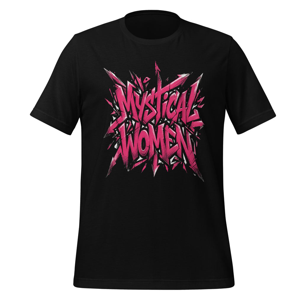Black unisex T-shirt with pink 'Mystical Women' graphic on front