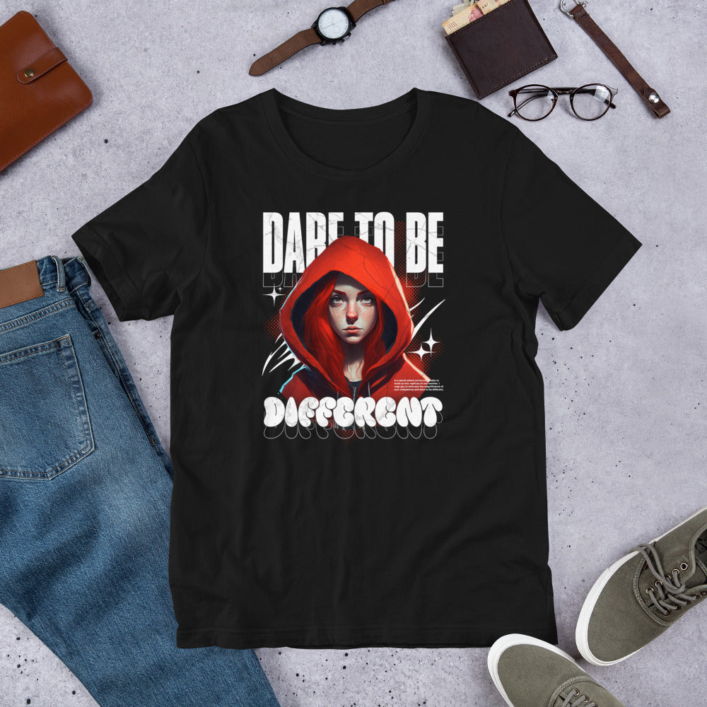 Black graphic tee with red-hooded woman front print