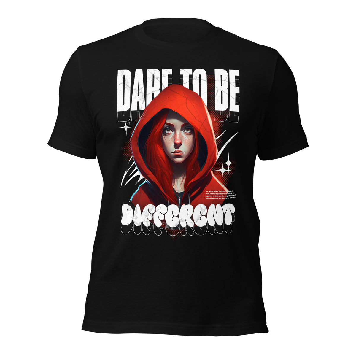 Black graphic tee with large front text and red-hooded portrait