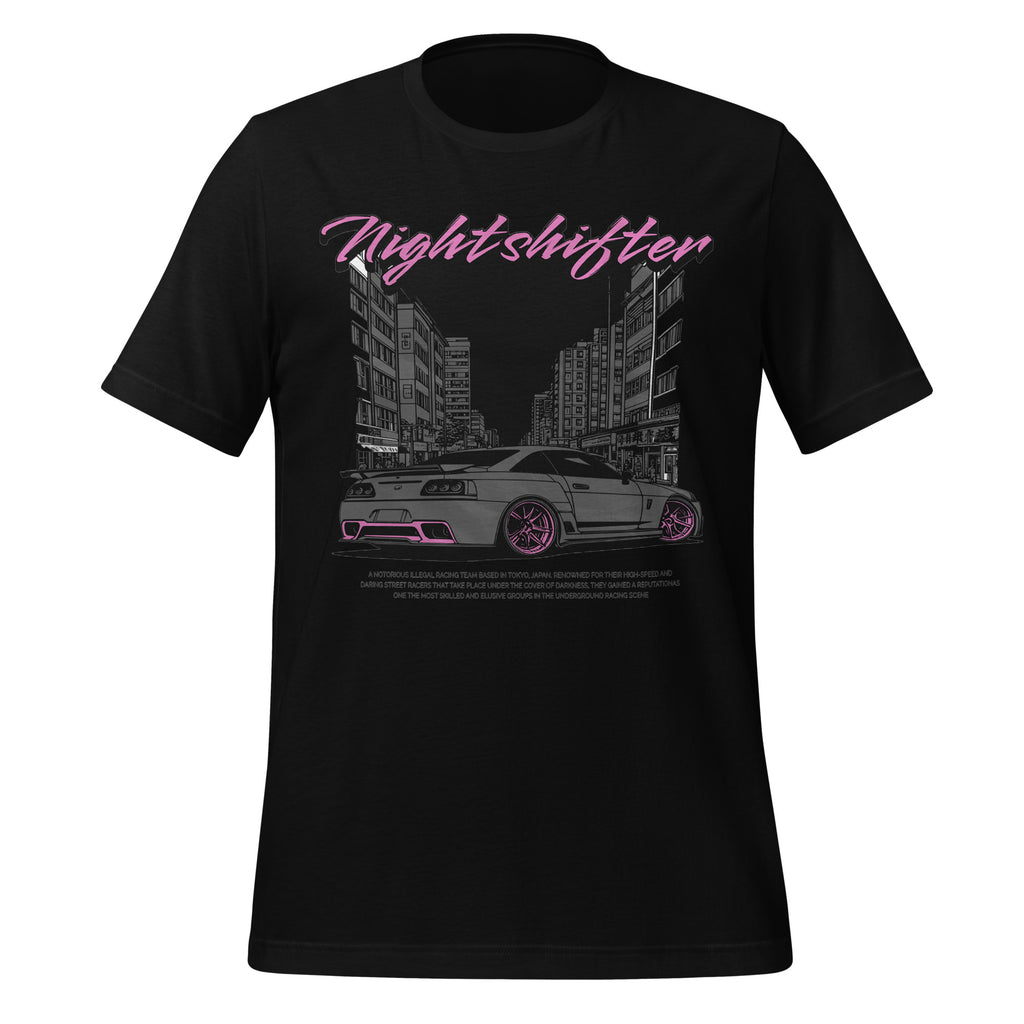 Black graphic T-shirt with Nightshifter logo and city car print on the front