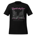 Black graphic T-shirt with Nightshifter logo and city car print on the front