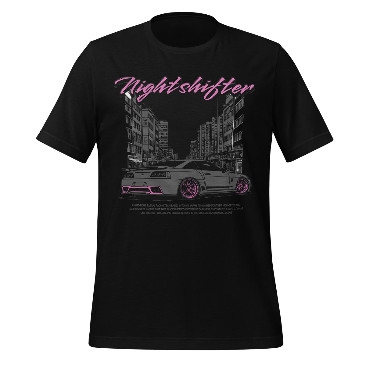 Black graphic T-shirt with Nightshifter logo and city car print on the front