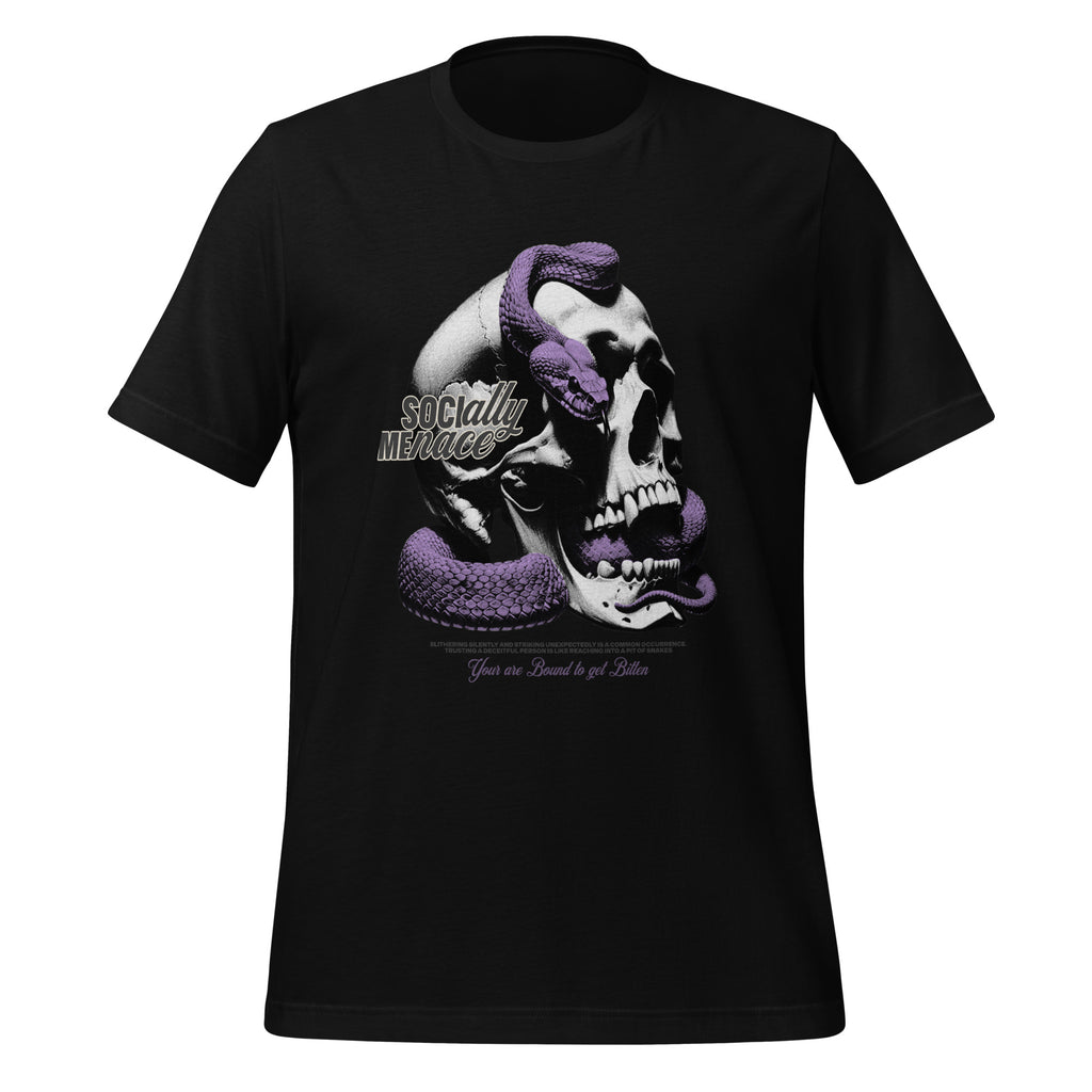 Black men’s graphic crew-neck T-shirt with purple skull face print