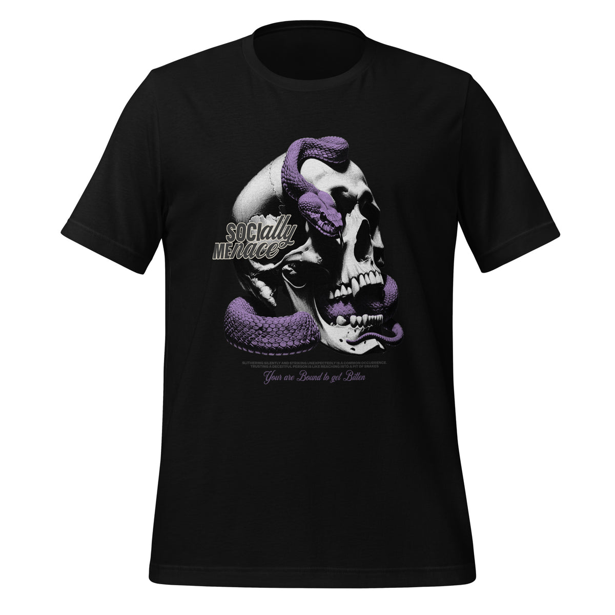 Black men’s graphic crew-neck T-shirt with purple skull face print
