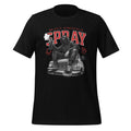 Black graphic T-shirt with streetwear 'SPRAY' print, short sleeves, crew neck.