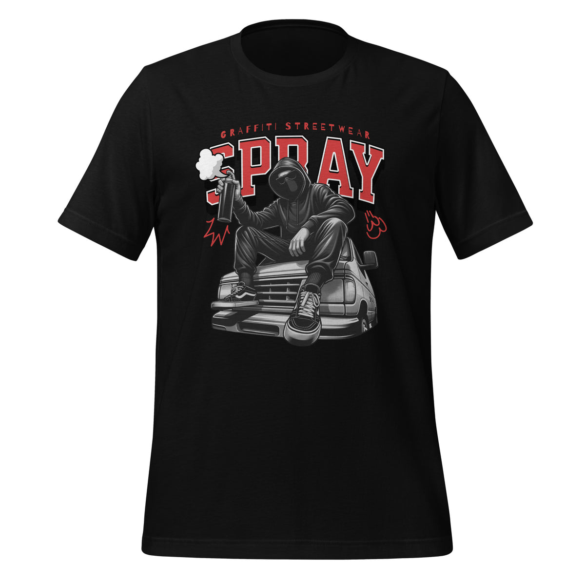 Black graphic T-shirt with streetwear 'SPRAY' print, short sleeves, crew neck.