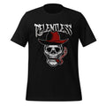 Black crewneck graphic T-shirt with cowboy skull and red hat print