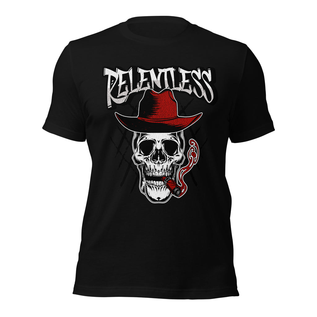 Unisex black graphic tee with red cowboy hat skull front print