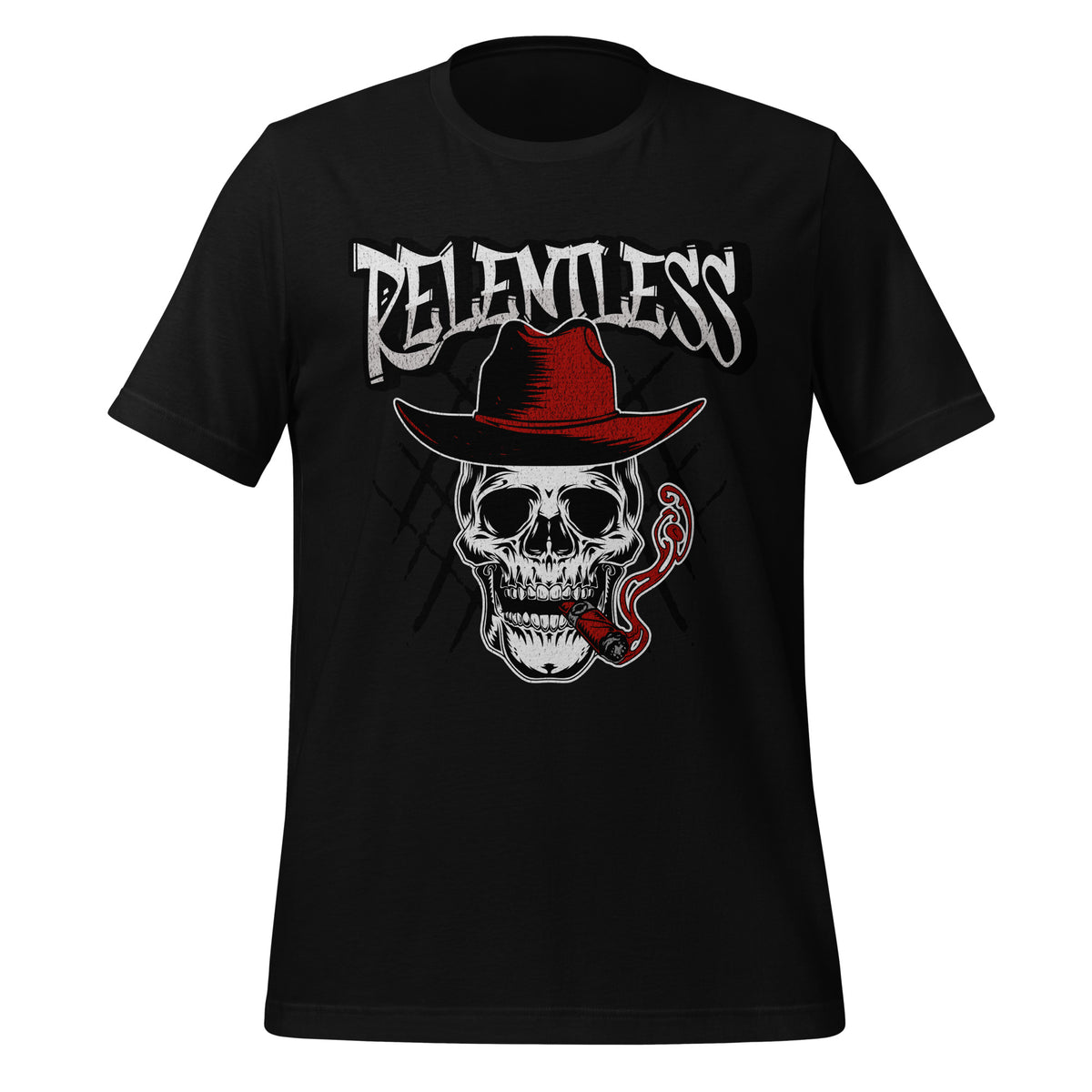 Unisex black graphic tee with large skull and red cowboy hat front design