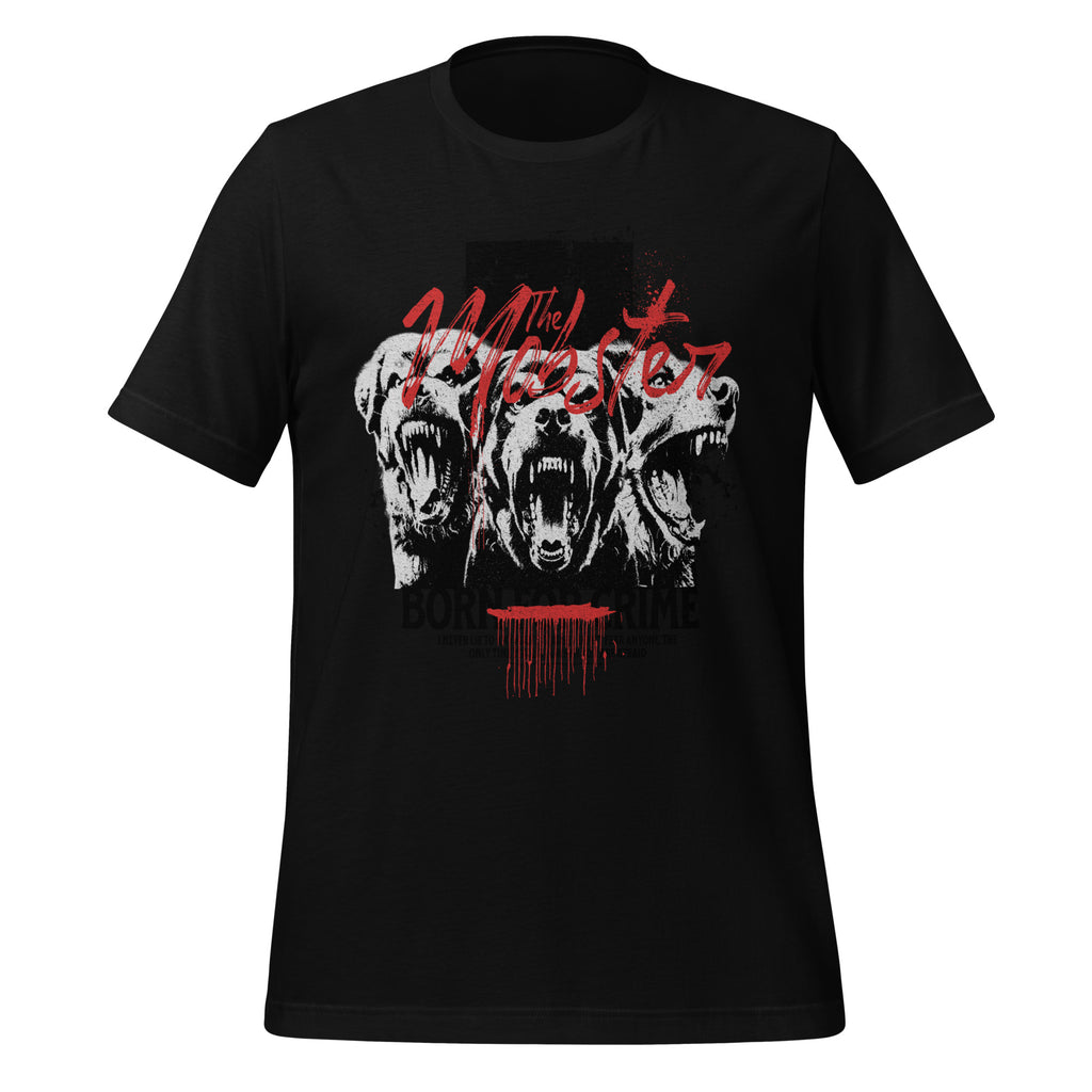 Black graphic crew-neck tee with skull face print and red accents on front