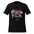 Black graphic crew-neck tee with skull face print and red accents on front