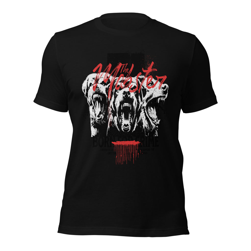 Black unisex graphic tee front view with white skull and red mobster lettering