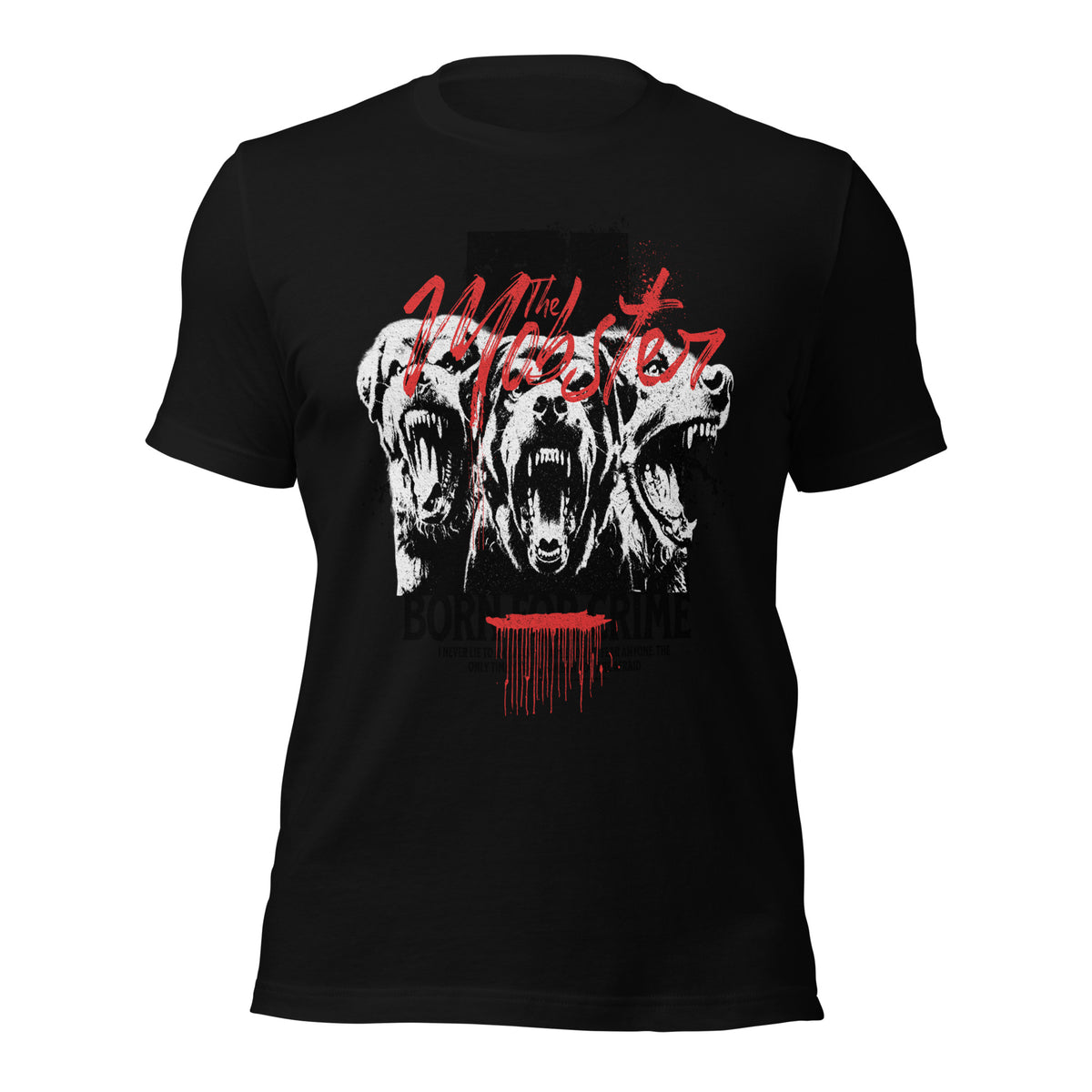 Black unisex graphic tee front view with white skull and red mobster lettering