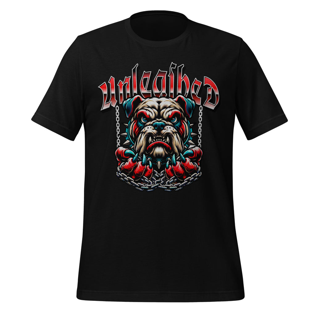 Black graphic tee with snarling bulldog front print and chain details