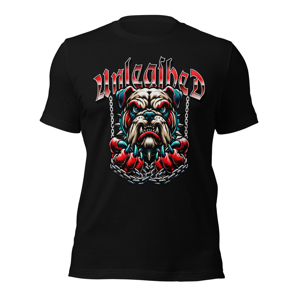 Black unisex crewneck T-shirt with snarling dog face graphic and chain detail.