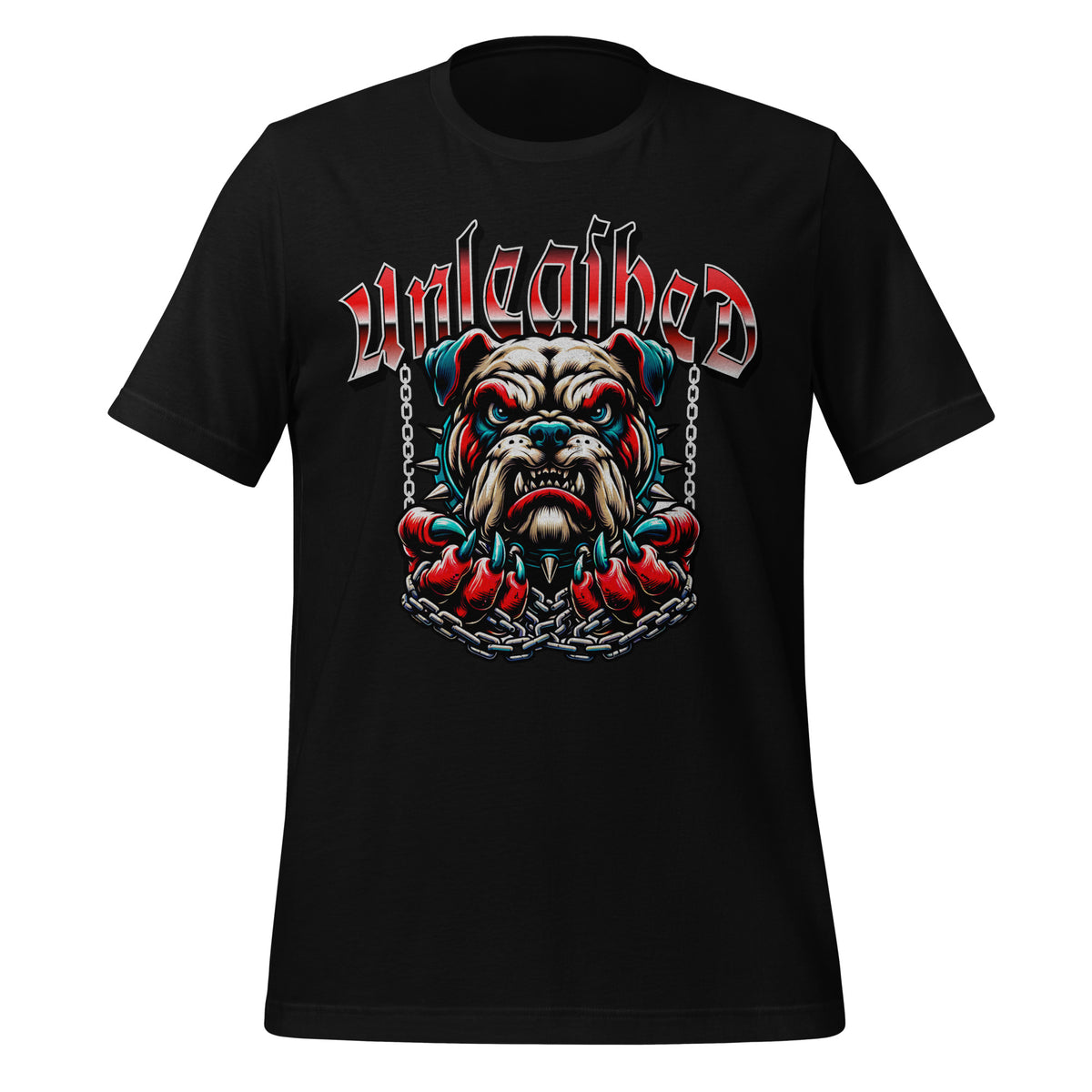 Black unisex crewneck T-shirt with centered snarling bulldog graphic and chains.